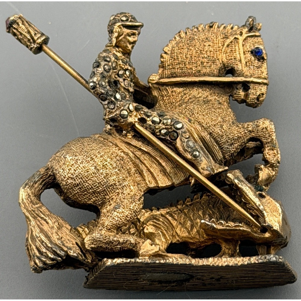 Vintage DeNicola St George Dragon Brooch Knight Rhinestone Figural Signed Rare